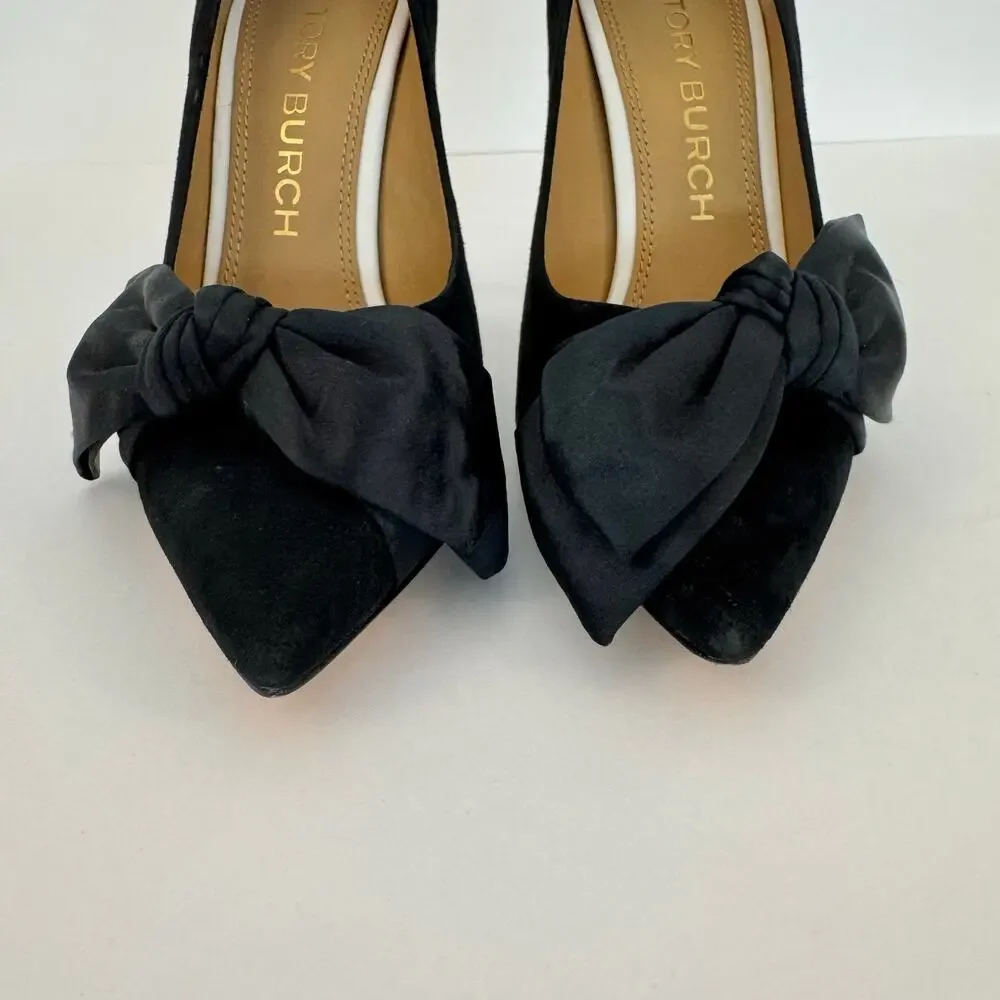Tory Burch Bow Suede Pointed-Toe Pumps Black/White Shoes Heels 9M